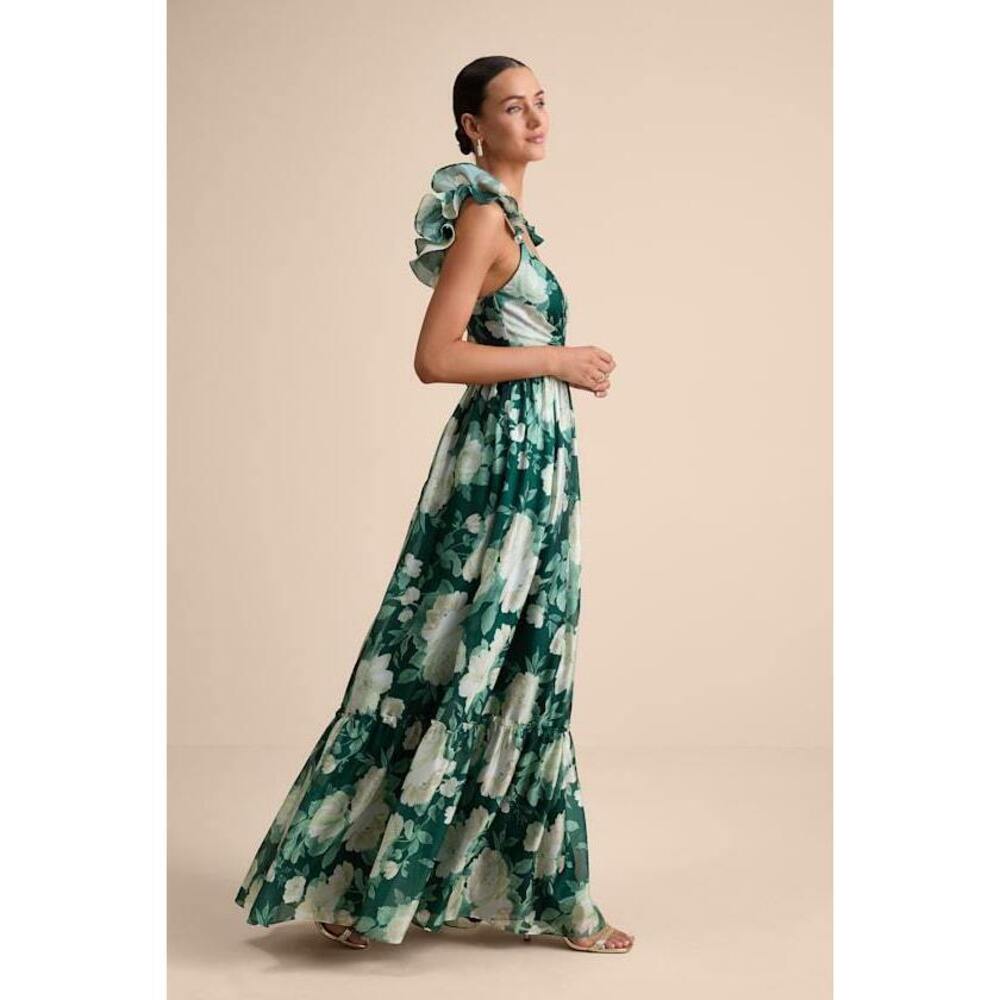 Lulus Soiree Perfection Green Floral Ruffled Tiered Maxi Dress - Size L